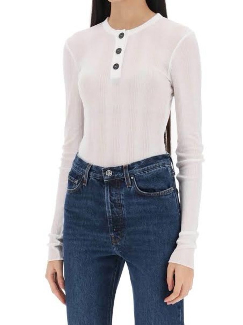 KHAITE janelle ribbed bodysuit White Ribbed Long-Sleeve Henley Top